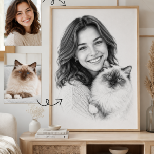 Before photos transformed into framed custom cat portrait wall art